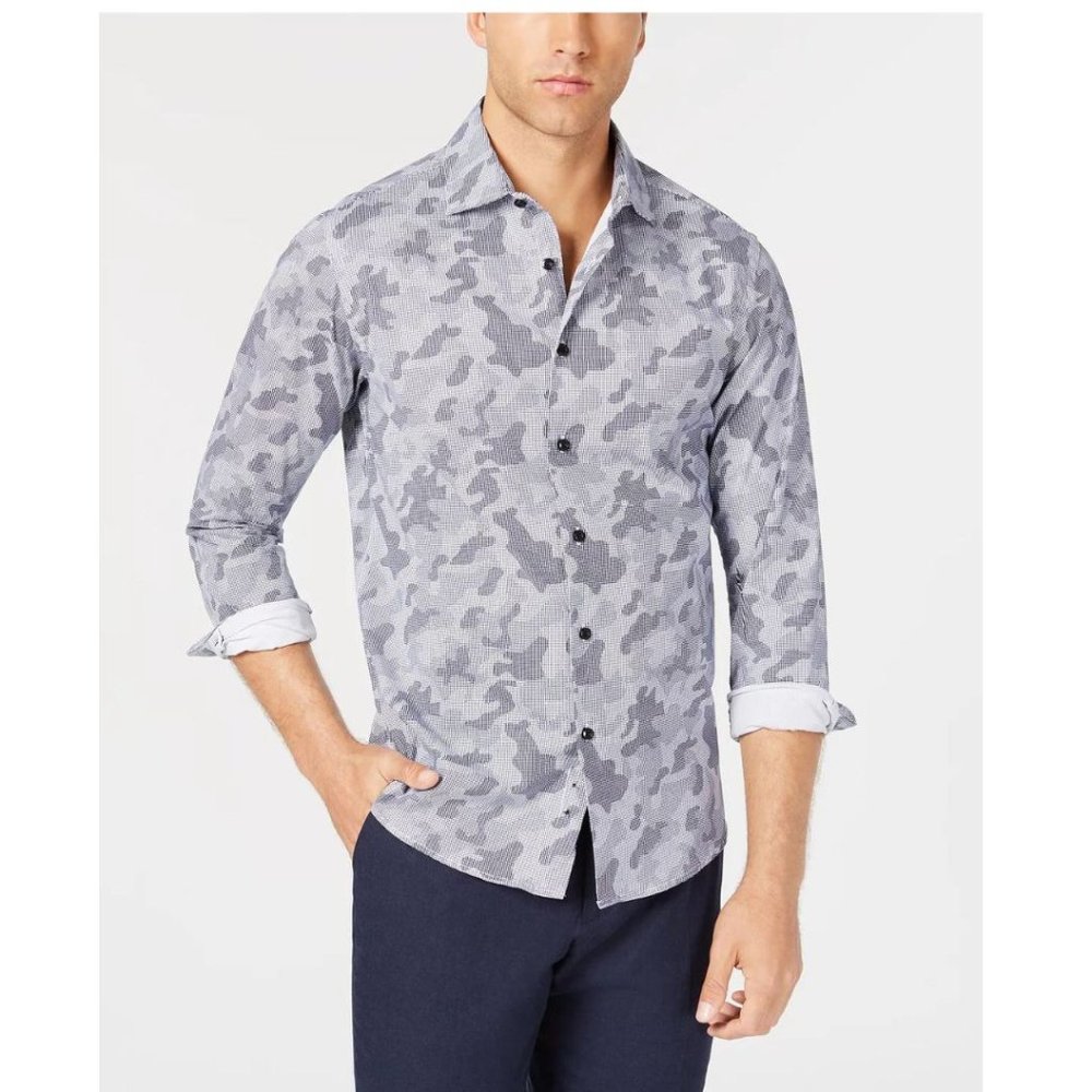 Tallia Stretch Men's Slim-Fit Navy Camo Print Dress Shirt  Size 20/Medium